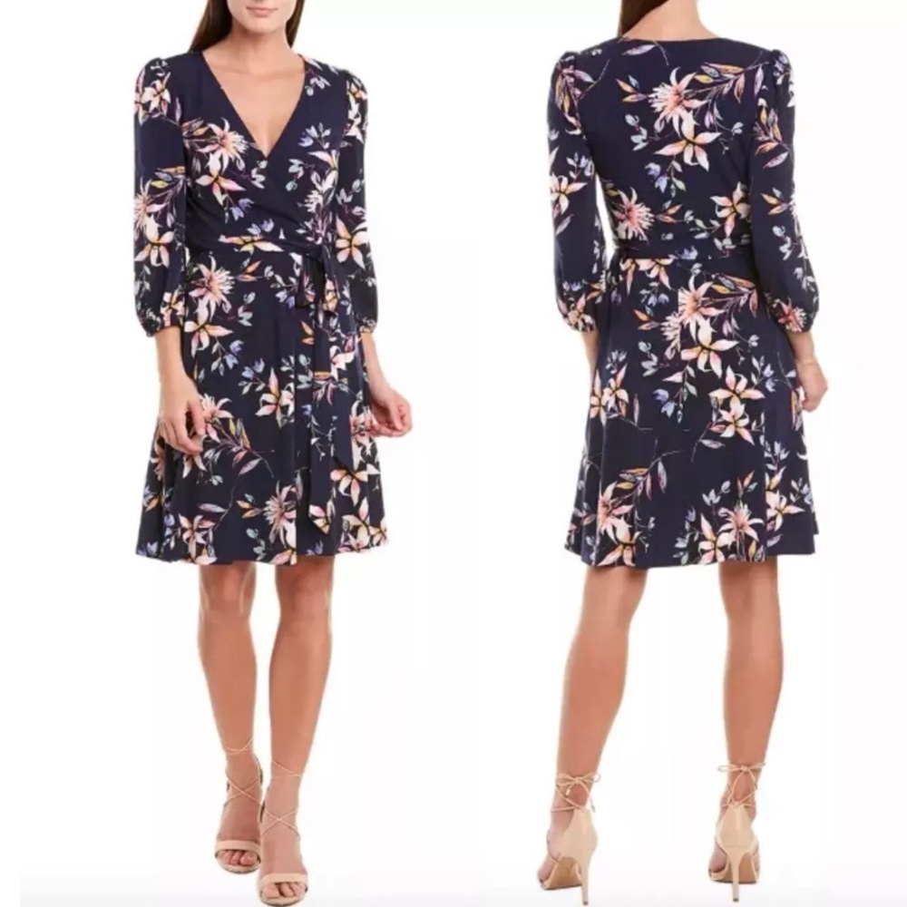 Eliza J Faux Wrap Dress 3/4 Sleeve V-Neck in Bright Tropical Style Floral Print